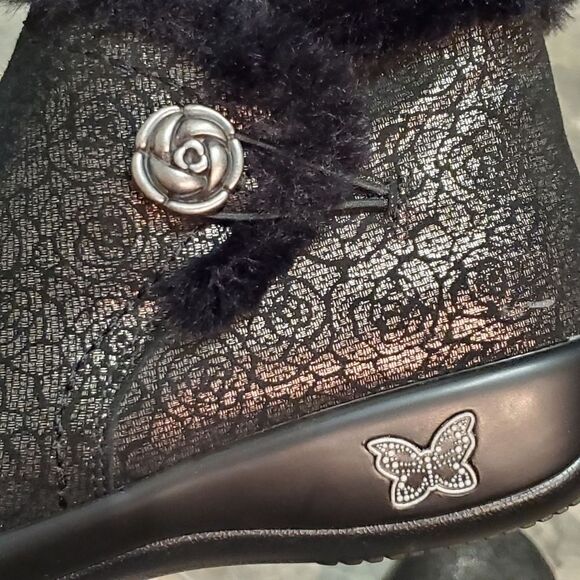 Alegria Meri Black Leather Rose Florette Water Resistant Leather Fur Ankle Boots - Picture 8 of 13